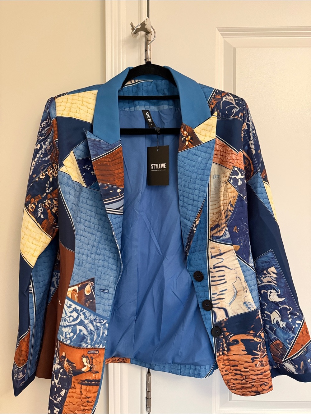 STYLEWE Patchwork Blue and Brown Women's Blazer Jacket